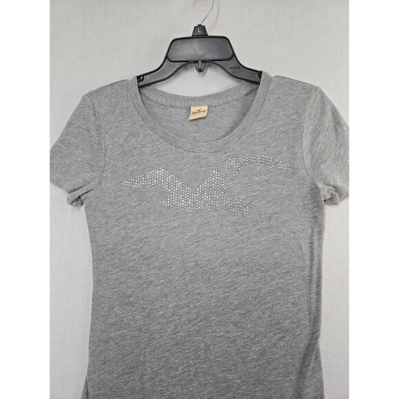 Y2K Hollister Grey T-Shirt Rhinestone Seagull Logo Women's Medium Bling Glam - Picture 2 of 8